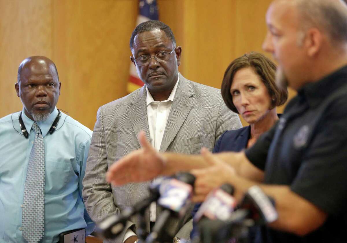 ﻿From left, Hempstead Mayor Michael Wolfe, Prairie View Mayor Frank Jackson, and Sen. Lois Kolkhorst watch as Waller County District Attorney Elton Mathis speaks during a news conference Friday in Hempstead.