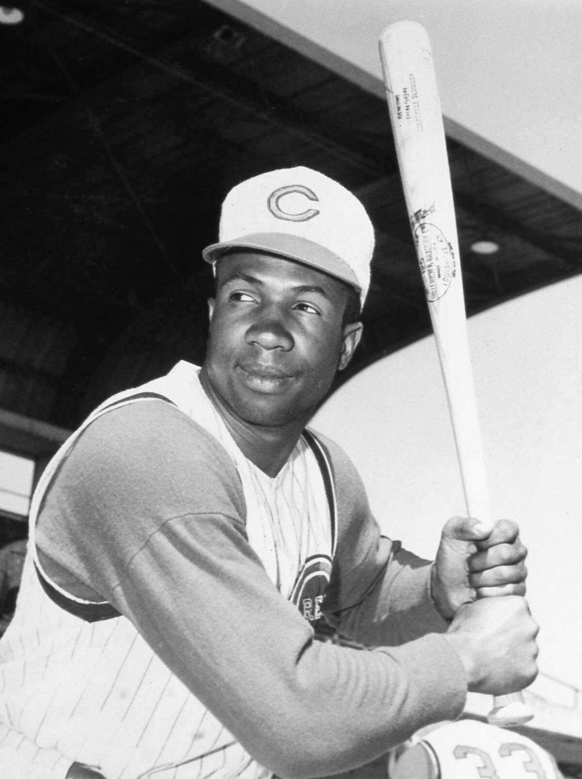 Frank Robinson poses for a batting portrait in Cincinnati about 1960.