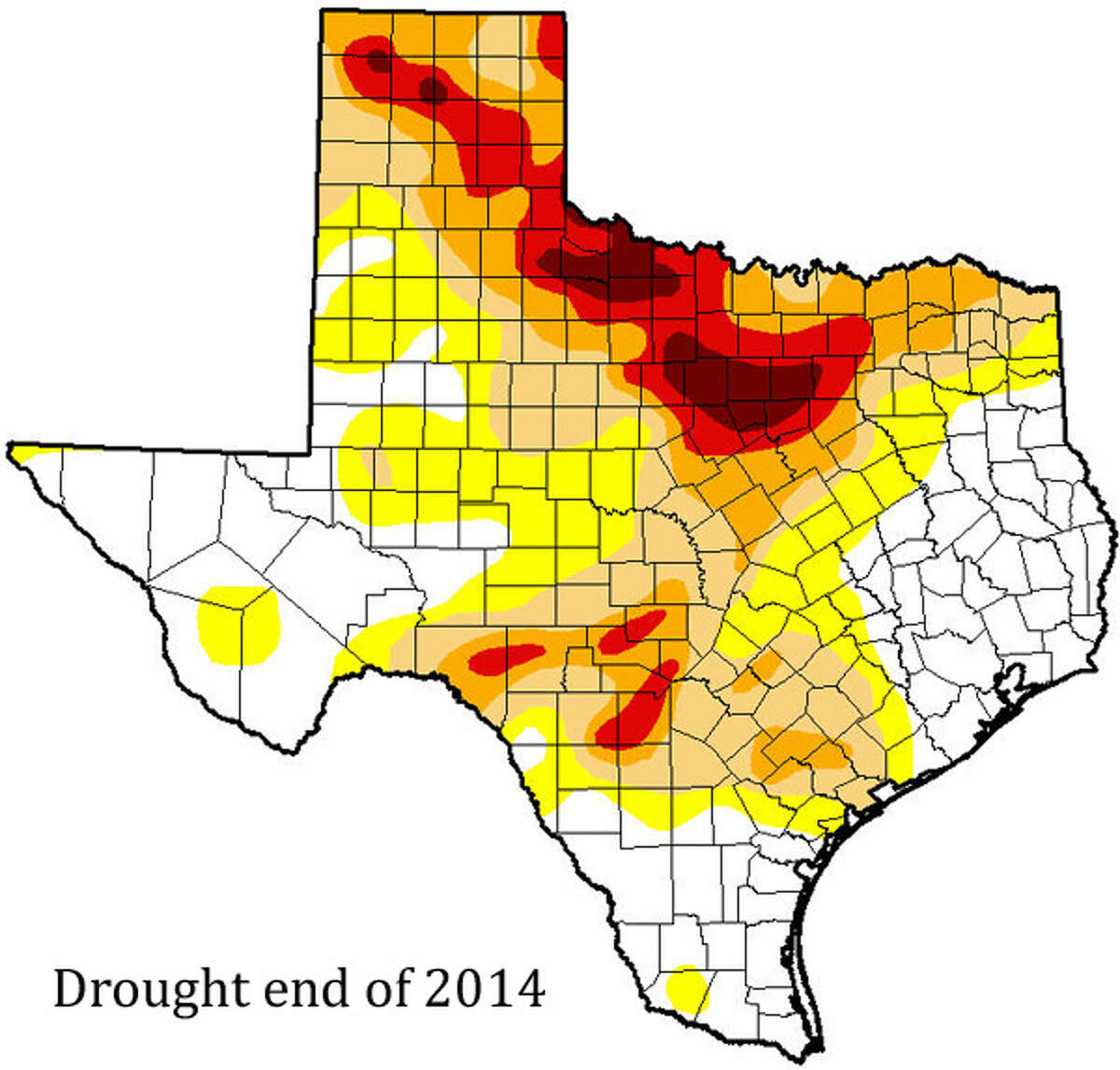 U.S. Drought Monitor map of Texas drought conditions as of Dec. 30, 2014.White areas reflect no drought presence, with darker colors reflecting worsening stages of drought from "Abnormally Dry" (yellow) to "Exceptional Drought" (brown).