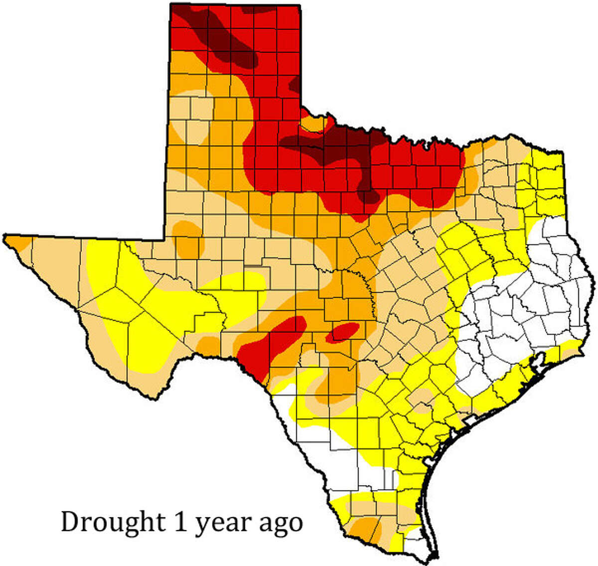U.S. Drought Monitor map of Texas drought conditions as of July 15, 2014.White areas reflect no drought presence, with darker colors reflecting worsening stages of drought from "Abnormally Dry" (yellow) to "Exceptional Drought" (brown).