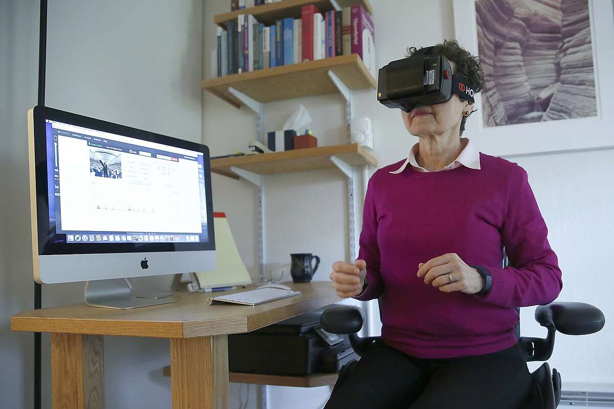 Clinical psychologist Elizabeth McMahon, Ph.D, shows her use of Psious virtual reality technology to help treat patient anxiety disorders in San Francisco, Calif., on Tuesday, July 21, 2015.