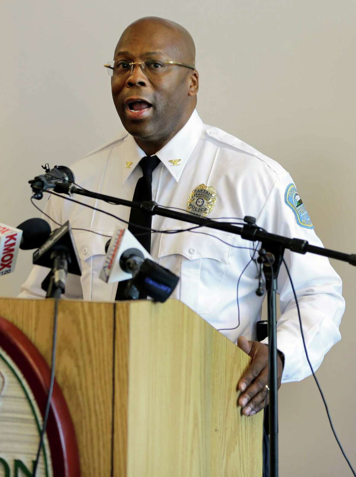 Andre Anderson speaks during a news conference announcing him as the interim police chief of the Ferguson Police Department Wednesday, July 22, 2015, in Ferguson, Mo. Anderson becomes the second interim chief since Police Chief Thomas Jackson stepped down in March.(AP Photo/Jeff Roberson)