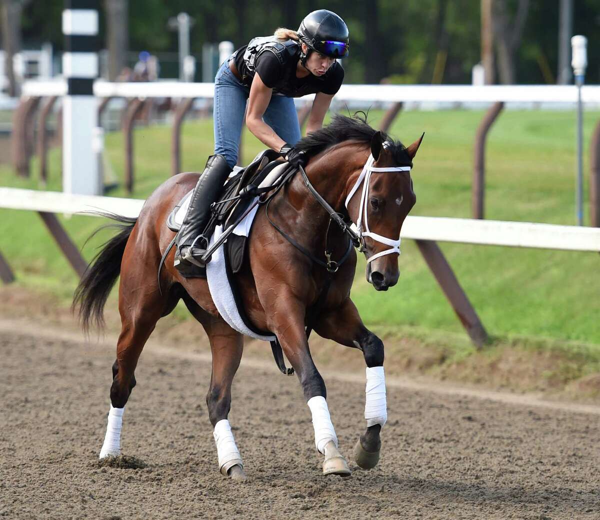 Rachel's Valentina goes out for her exercise this morning July 22, 2015, on the main track at the Saratoga Race Course in Saratoga Springs, N.Y. (Skip Dickstein/Times Union)