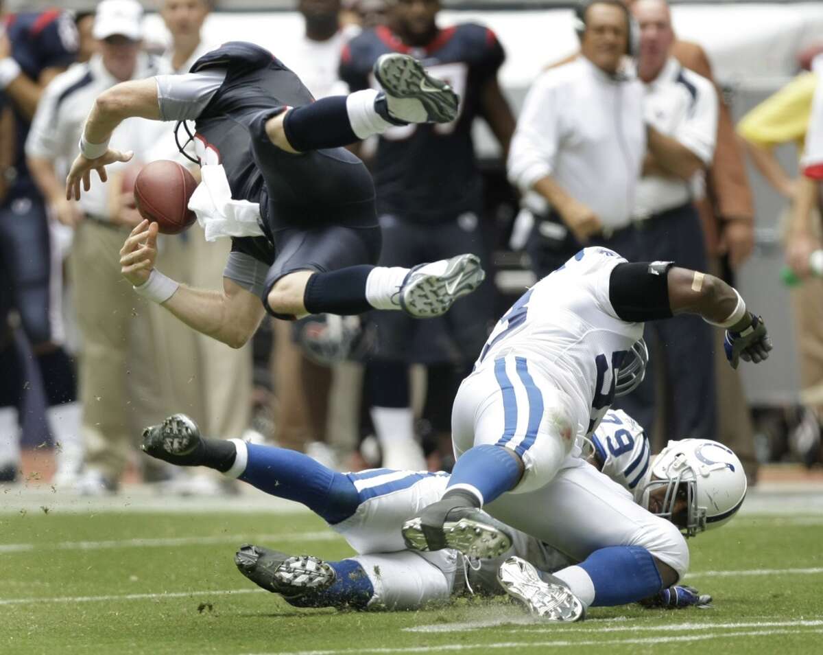 2008: Colts 31, Texans 27 After starting the season 0-3, the Texans hosted the Colts and held a 27-10 lead with less than five minutes left. And then one of the worst collapses in franchise history occurred, with Indianapolis scoring three touchdowns in a span of 2:10. The middle score was the infamous "Rosencopter" with Texans QB Sage Rosenfels fumbling after getting hit and spinning helicopter-style and the Colts' Gary Brackett returning the fumble 68 yards for a touchdown.