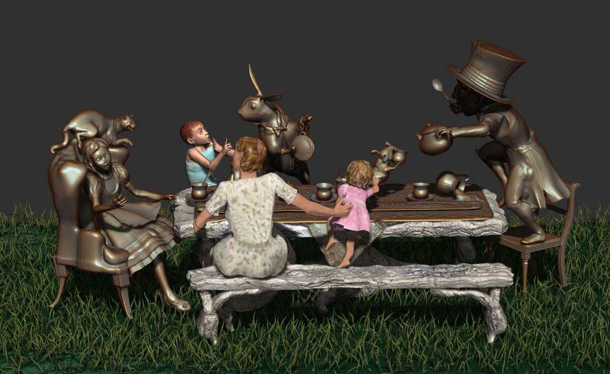 Houston artist Bridgette Mongeon's interactive sculpture "Move One Place On," shown as a digital rendering, re-creates the tea party from "Alice in Wonderland."﻿