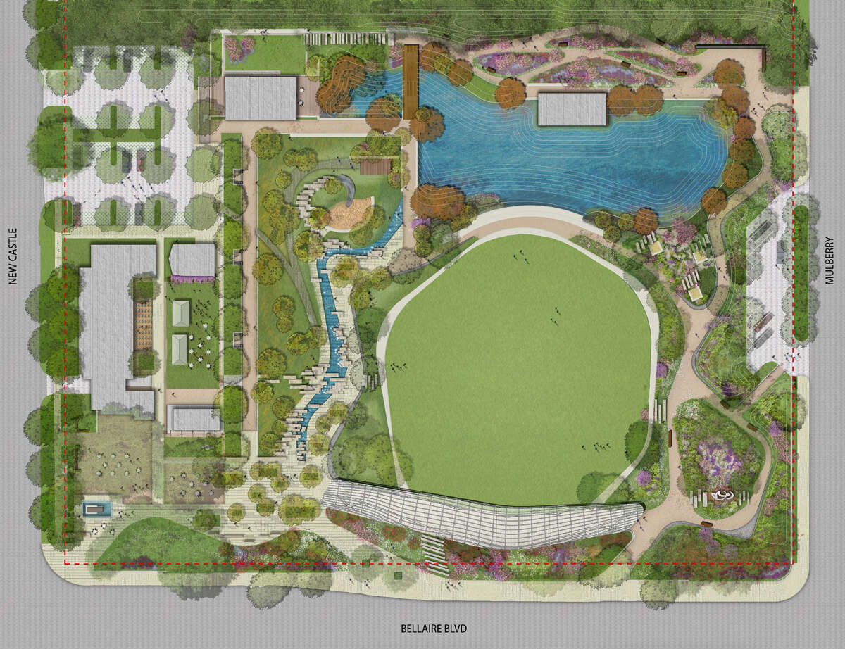 A rendering of Evelyn's Park, a new five-acre green space under construction at 4400 Bellaire Boulevard. SWA Group landscape architects have designed the park, which will have several structures by Lake|Flato architects.