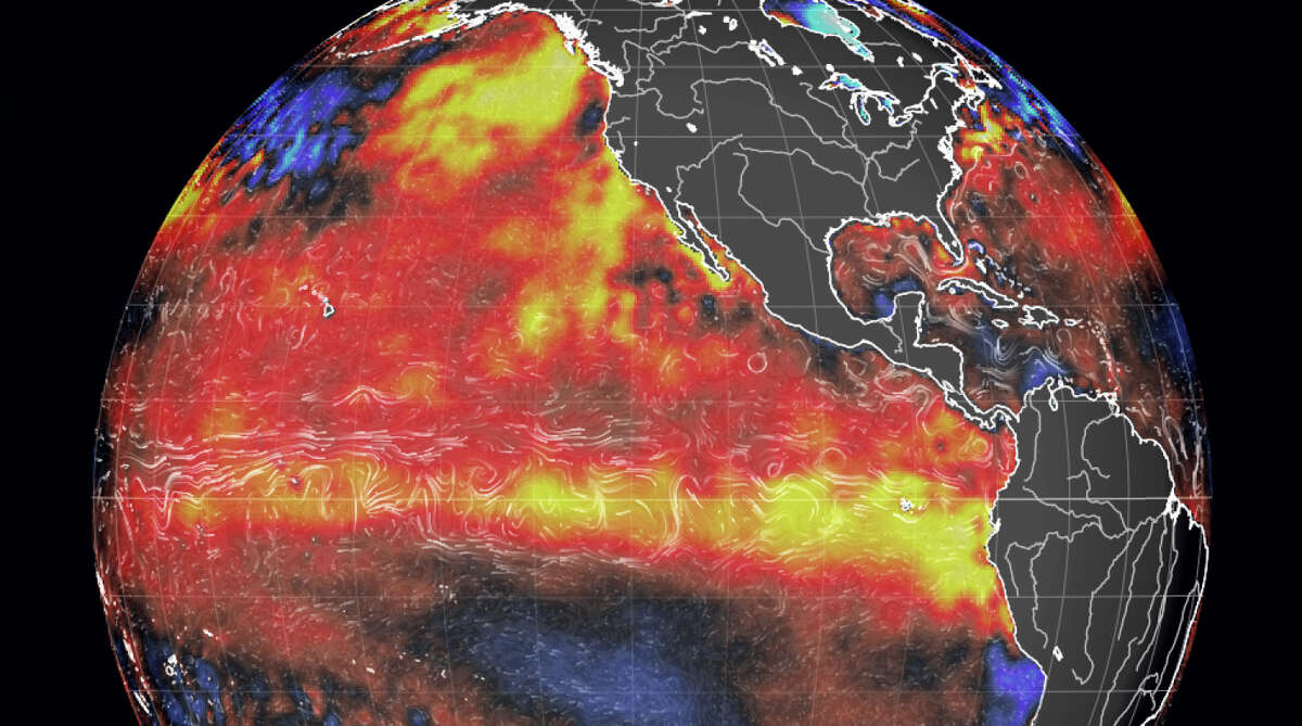 The present El Niño formation has the potential to become the strongest on record. The yellow areas indicate concentrations of warming water.