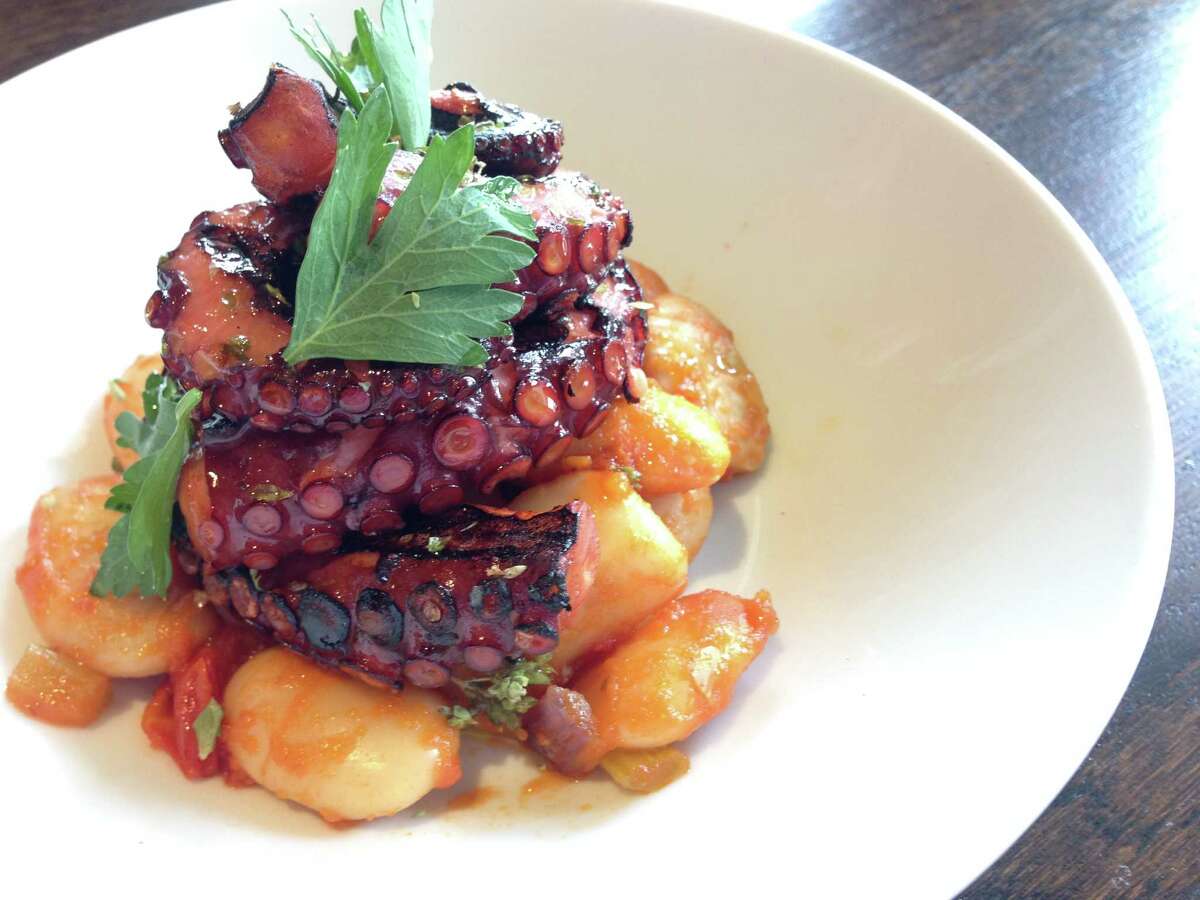 Grilled Octopus with gigantes beans served at Helen Greek Food and Wine in Houston.