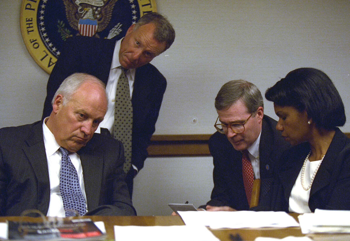 Editor's note: The following caption remains unedited and is in the original form as released by the U.S. National Archives. RC: Peoc Room Meetings on the Dayt of the Terrorist Attacks. Powell and Rice. PEOC