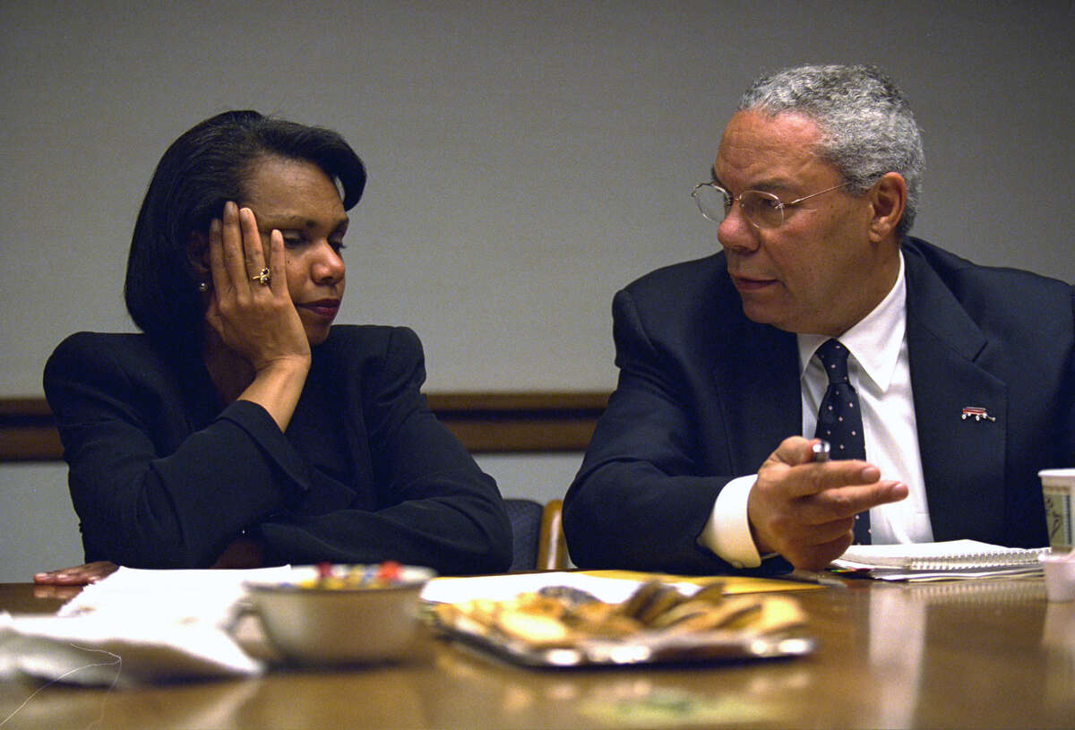 Editor's note: The following caption remains unedited and is in the original form as released by the U.S. National Archives. RC: Peoc Room Meetings on the Dayt of the Terrorist Attacks. Powell and Rice. PEOC