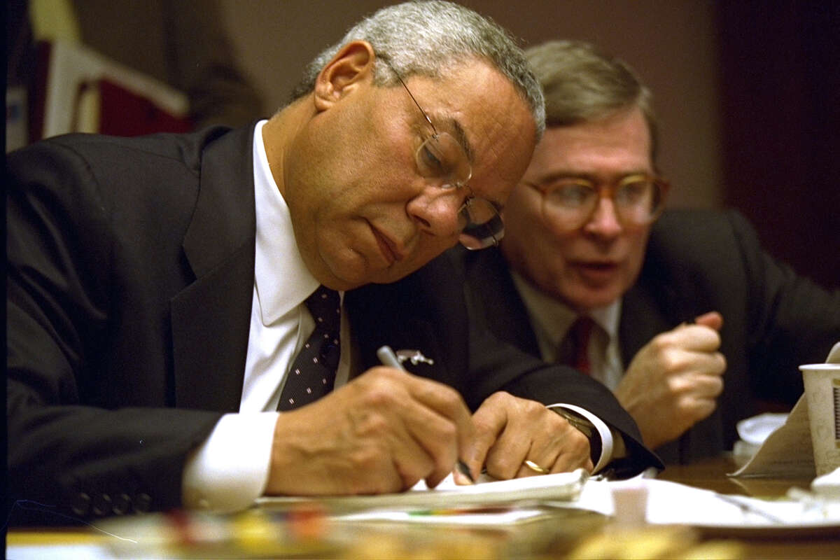 Editor's note: The following caption remains unedited and is in the original form as released by the U.S. National Archives. RC: Peoc Room Meetings on the Dayt of the Terrorist Attacks. Powell and Rice. PEOC
