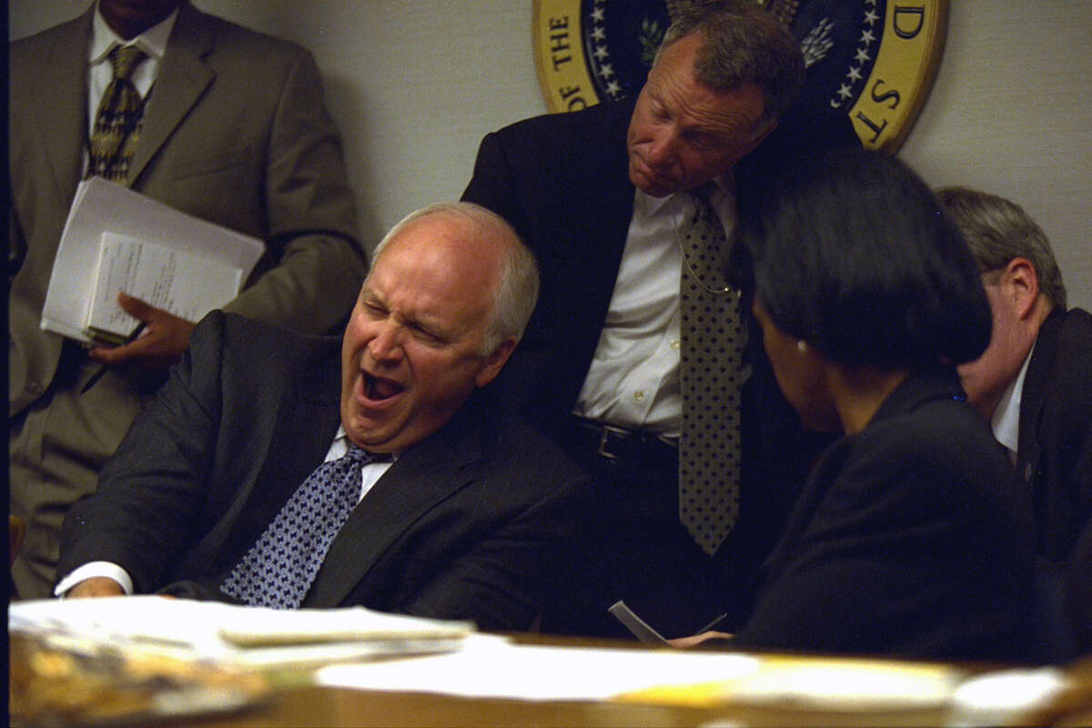Editor's note: The following caption remains unedited and is in the original form as released by the U.S. National Archives. RC: Peoc Room Meetings on the Dayt of the Terrorist Attacks. Powell and Rice. PEOC