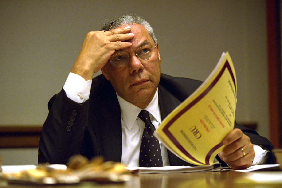 Editor's note: The following caption remains unedited and is in the original form as released by the U.S. National Archives. RC: Peoc Room Meetings on the Dayt of the Terrorist Attacks. Powell and Rice. PEOC