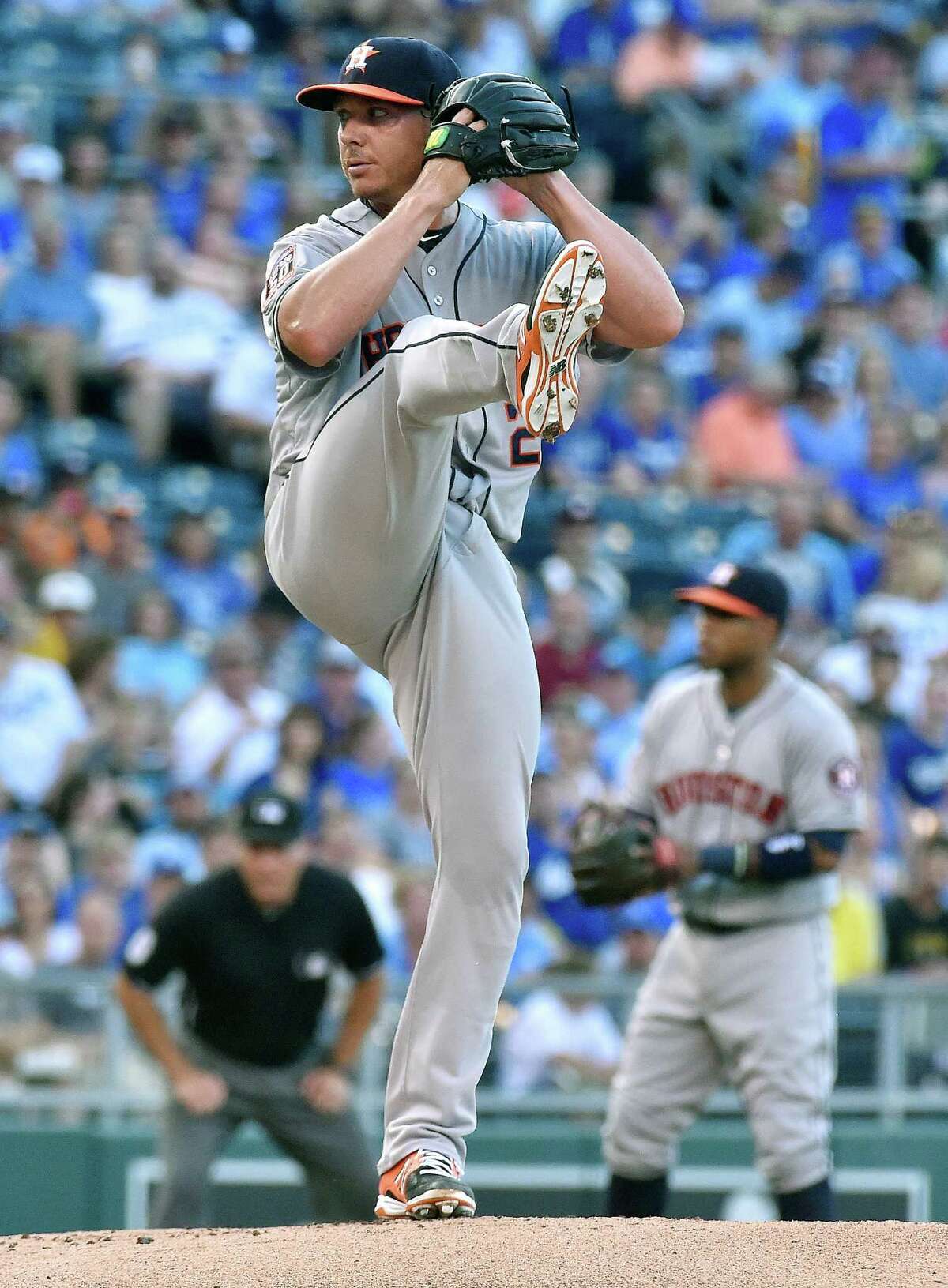 Lefthander Scott Kazmir threw seven shutout innings in his Astros debut Friday night after being acquired from the Athletics for two prospects Thursday. Kazmir limited the Royals to three hits and lowered his ERA to 2.24.﻿