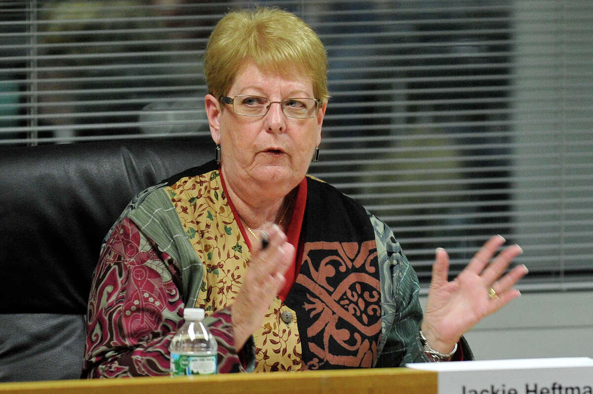 Jackie Heftman, speaks during a Board of Education candidate forum at the Stamford Government Center in 2014.