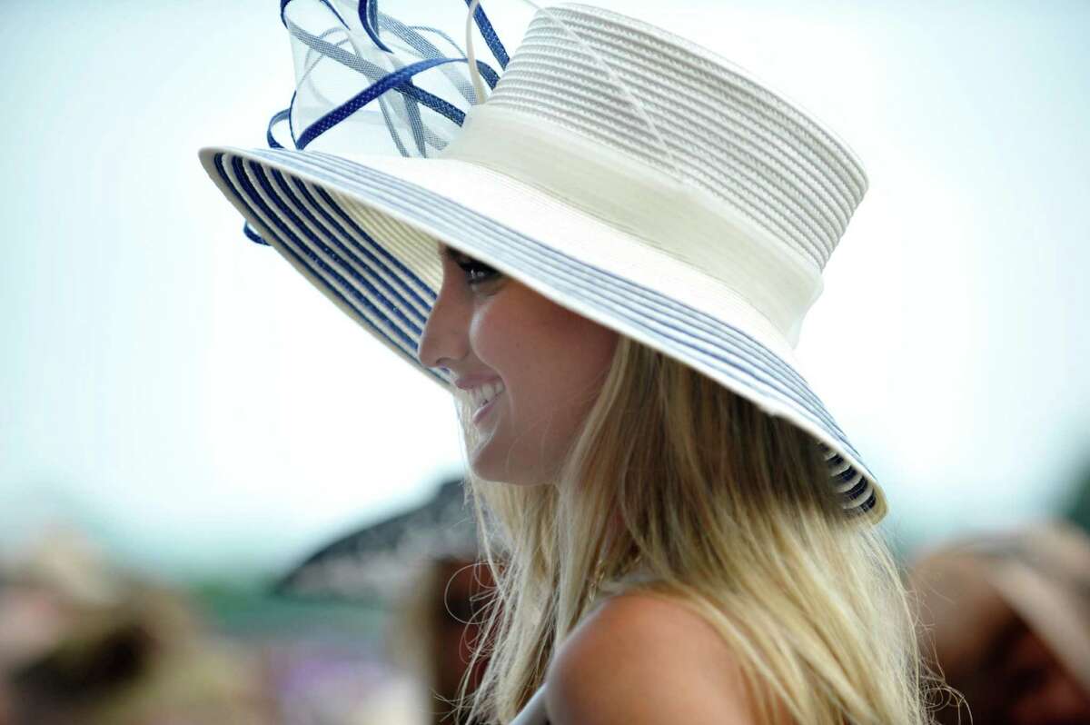 Jessielyn Palumbo from Wayne, NJ, takes part in the Fashionably Saratoga category during the 24th annual Hat Contest, presented by Hat Sational by DEI at the Saratoga Race Course on Sunday, July 26, 2015, in Saratoga Springs, N.Y. (Paul Buckowski / Times Union)