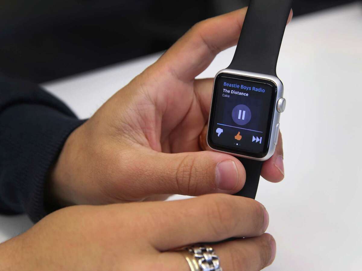 Pandora's lead product designer Jason Tusman demos the streaming music service on the Apple Watch in Oakland, Calif. on Wednesday, May 27, 2015.