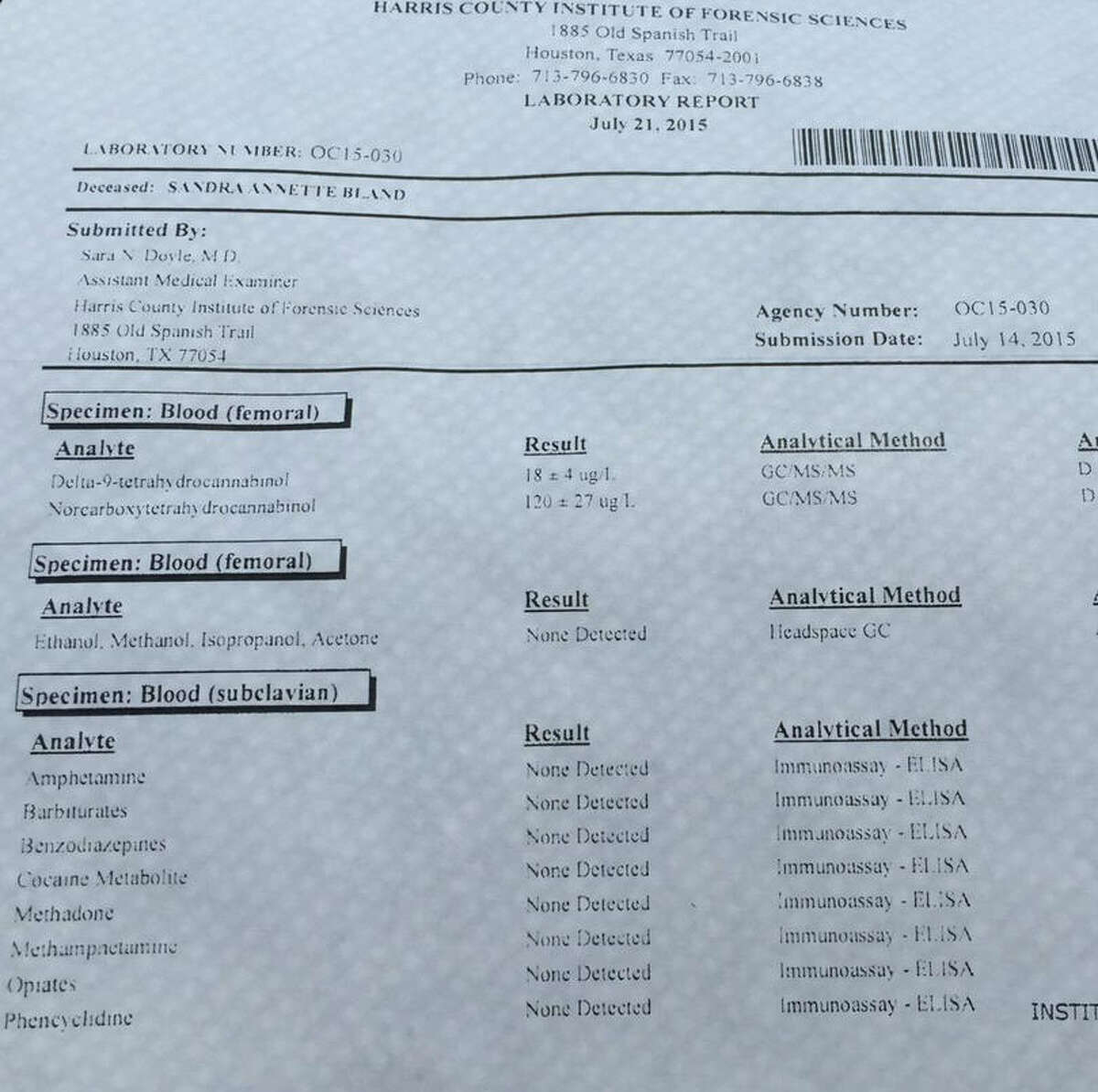 Waller County officials released the toxicology report in the Sandra Bland case.