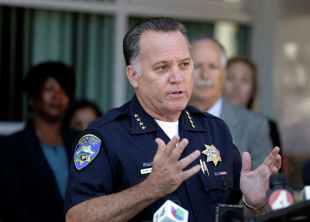 FILE - Santa Cruz Police Chief Kevin Vogel gestures during a news conference, Tuesday, July 28, 2015, in Santa Cruz, Calif.