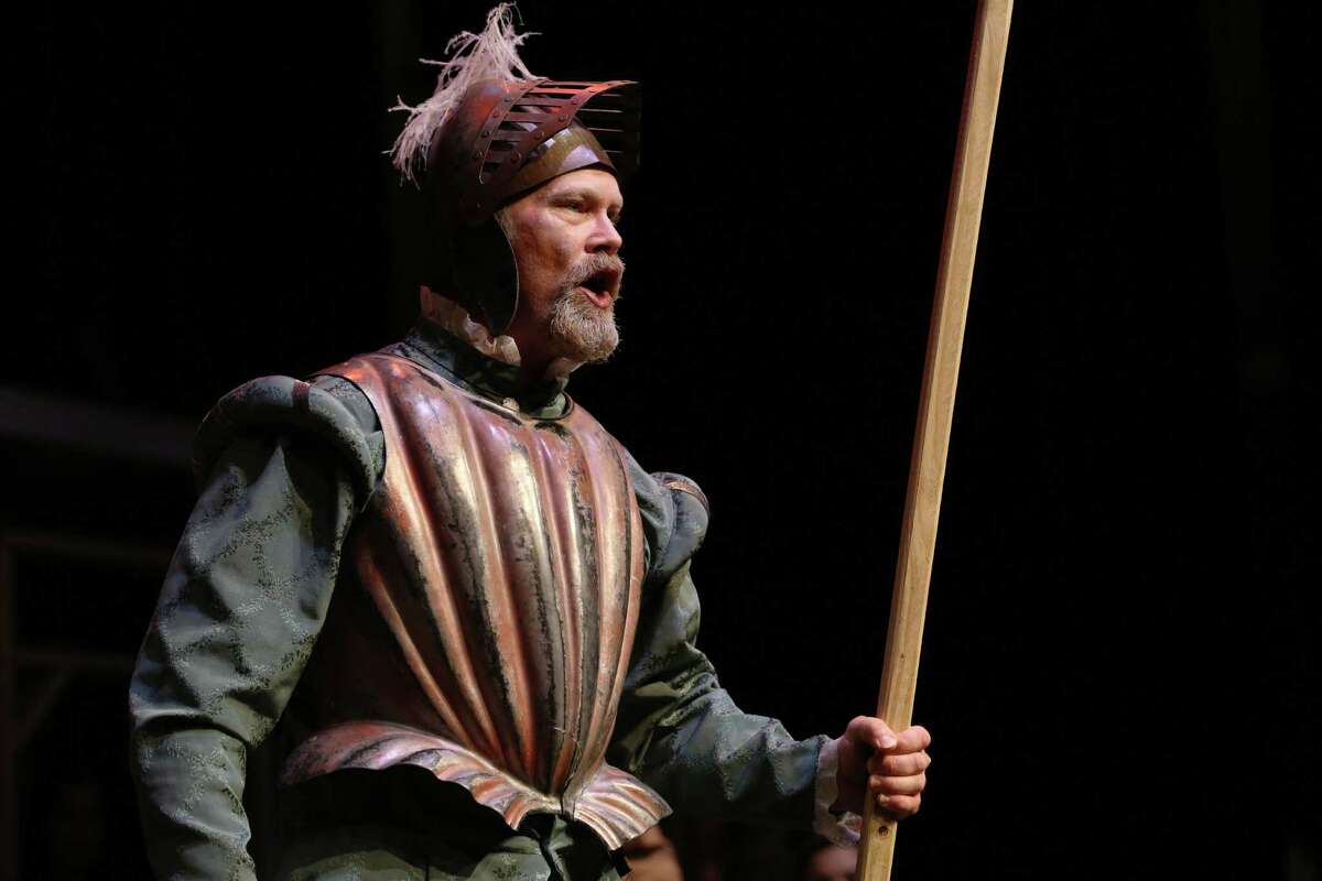 Alex Stutler performs as "Miguel de Cervantes" during a scene from Queensbury Theatre's production of "Man of La Mancha" Friday, July 24, 2015, in Houston. ( Jon Shapley / Houston Chronicle )