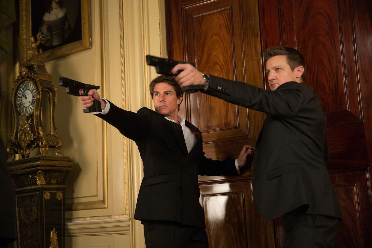 In this image released by Paramount Pictures, Tom Cruise, left, and Jeremy Renner appear in a scene from "Mission: Impossible - Rogue Nation." (David James/Paramount Pictures and Skydance Productions via AP)