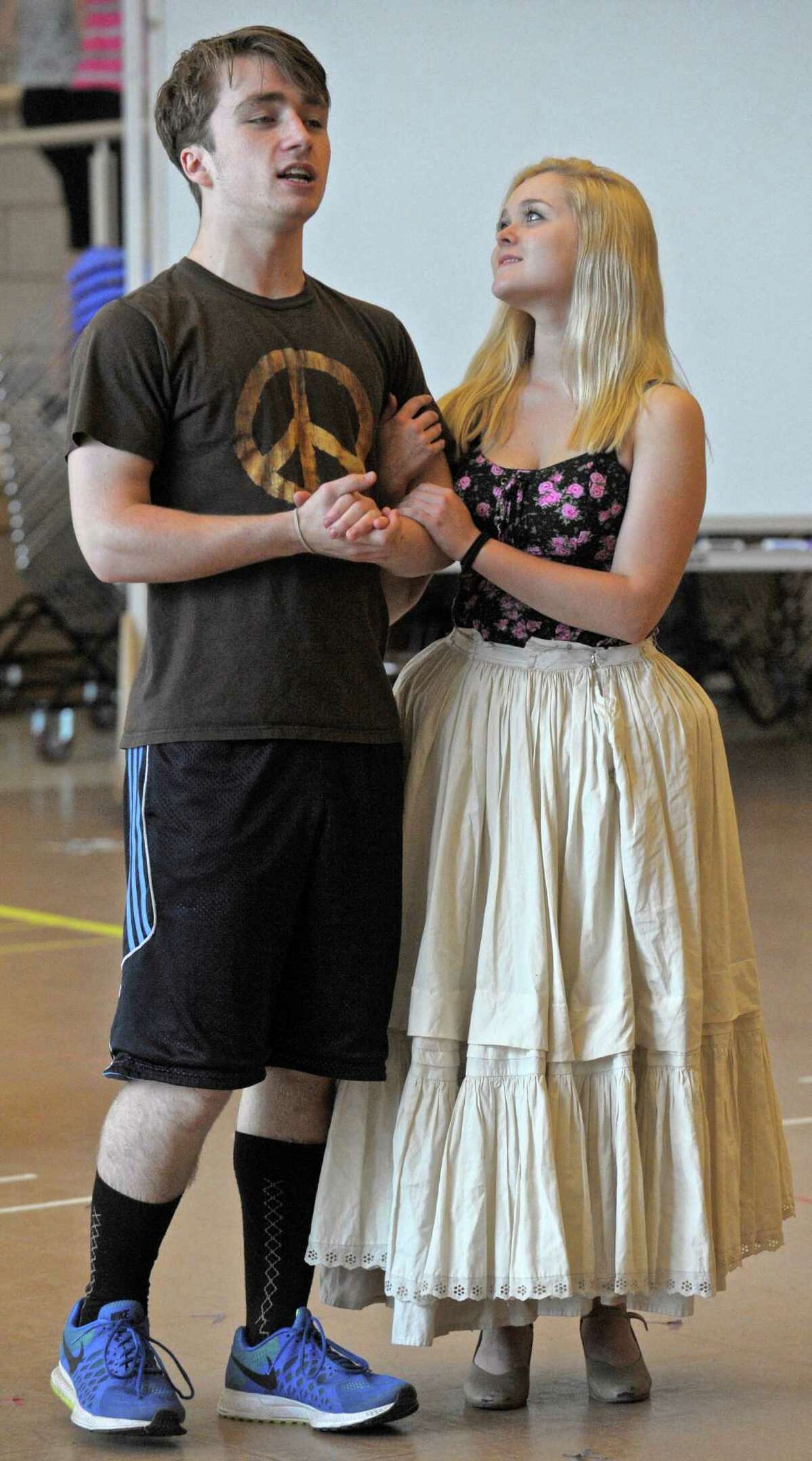 Cameron Bell and Brianna Bauch, of Newtown, during the rehearsal for the New Arts musical "Liberty Smith", on Thursday, July 23, 2015, in Newtown, Conn. The play will be at Newtown High School on Friday July 31, at 7 p.m., Saturday August 1, at 2 & 7 p.m. and Sunday, August 2, at 2 p.m. Bell plays "Liberty Smith" and Bauch is "Martha" in the musical.