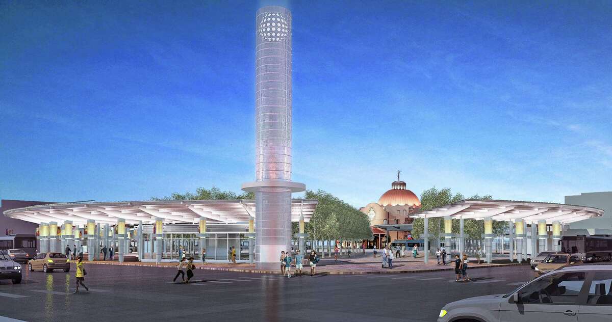 A daytime rendering of Centro Plaza shows the lighted tower sculpture, which would stand at the corner of Frio and Travis streets.