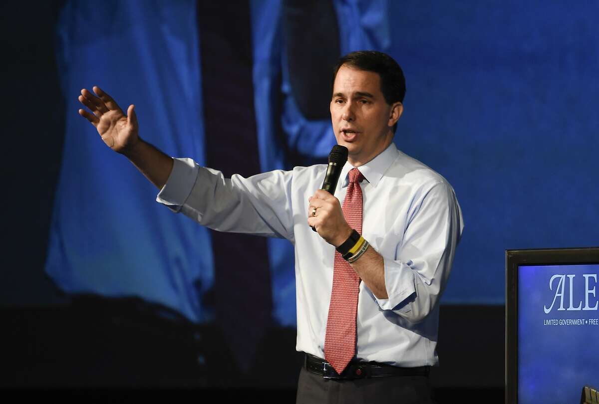 Republican presidential candidate Wisconsin Gov. Scott Walker speaks at the American Legislative Exchange Council 42nd annual meeting Thursday, July 23, 2015 in San Diego. (AP Photo/Denis Poroy)