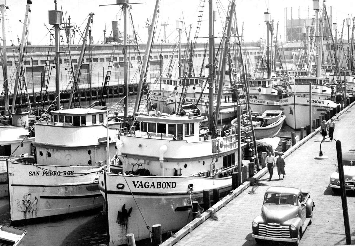 Fishing boats are lined up at Fisherman’s Wharf in San Francisco on Sept. 28, 1949.