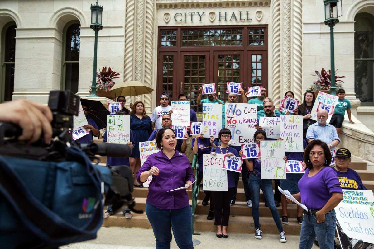SEIU President Elsa Caballero speaks to the media at City Hall in San Antonio, Texas during a press conference in which SEIU and Fight for 15 supporters requested that the city raise the minimum wage for city employees to $15 per hour.