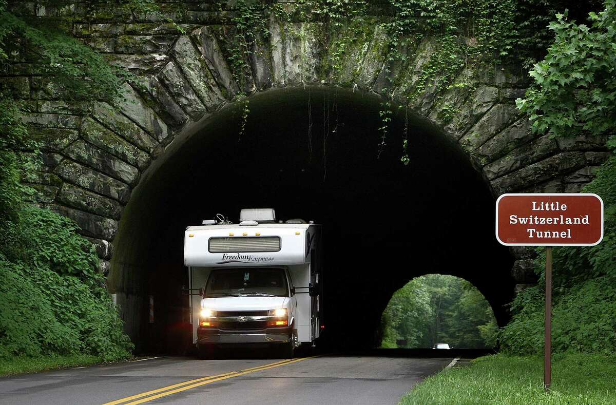 A motorist emerges from the Little Switzerland tunnel on the Blue Ridge Parkway.
