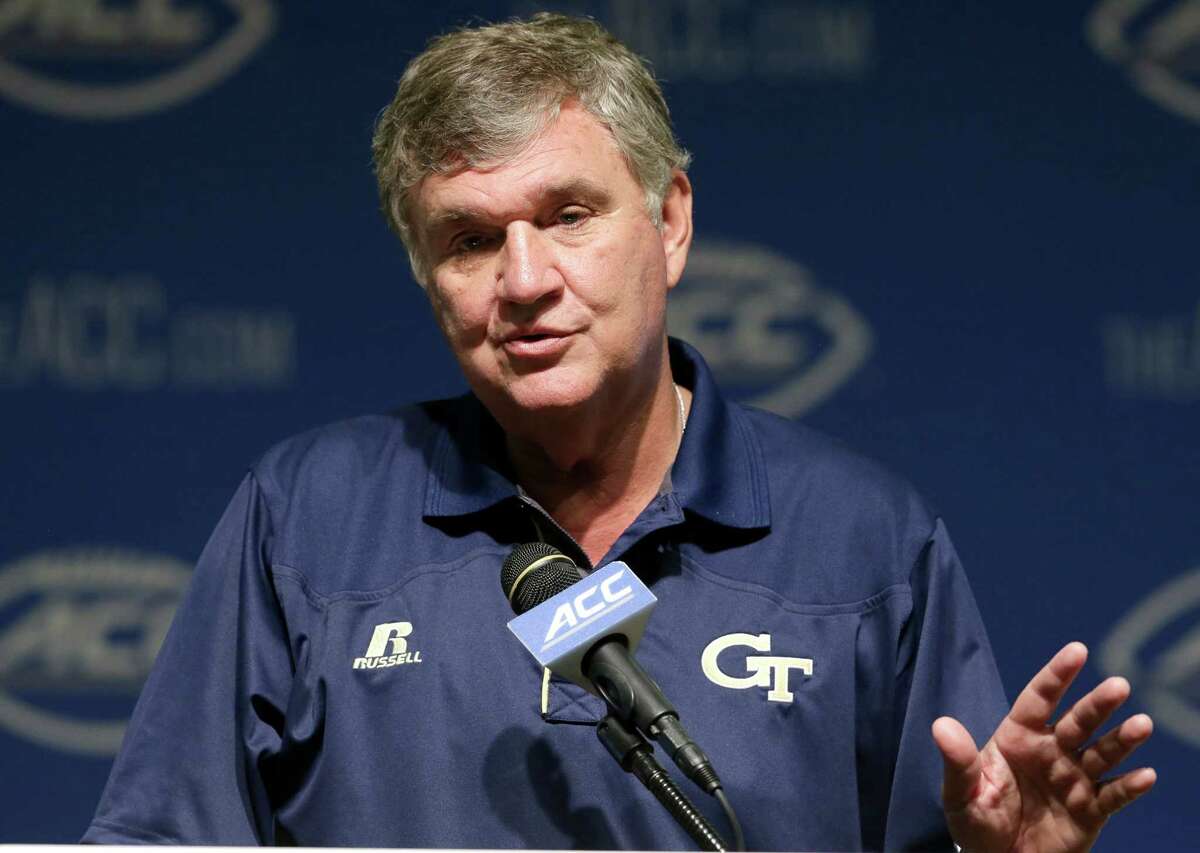 Georgia Tech coach Paul Johnson responds to questions during the ACC NCAA football kickoff in Pinehurst, N.C., Tuesday, July 21, 2015.