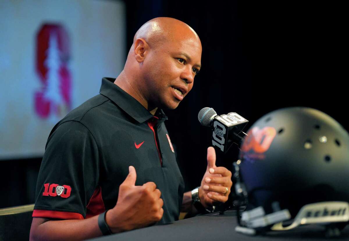 Stanford head coach David Shaw speaks to reporters during NCAA college Pac-12 Football Media Days, Thursday, July 30, 2015, in Burbank, Calif.