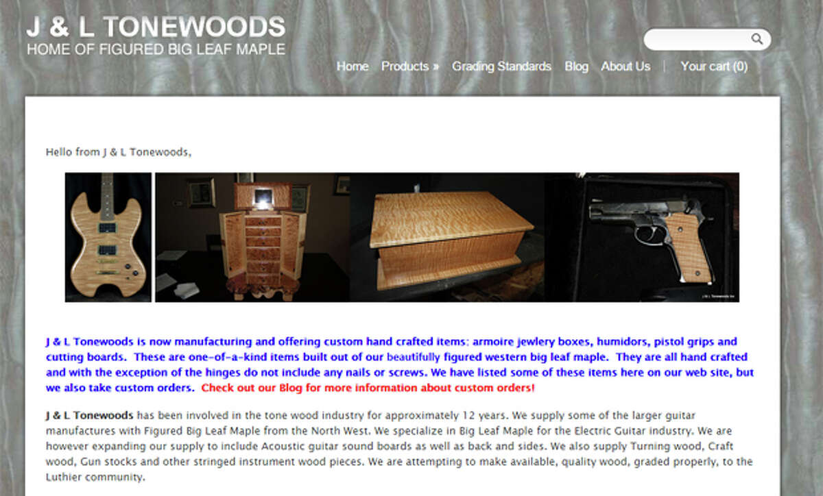 The J&L Tonewoods website, as it appeared Aug. 5, 2015. The Winlock company and owner Harold Kupers have been indicted by federal prosecutors on timber theft-related allegations.