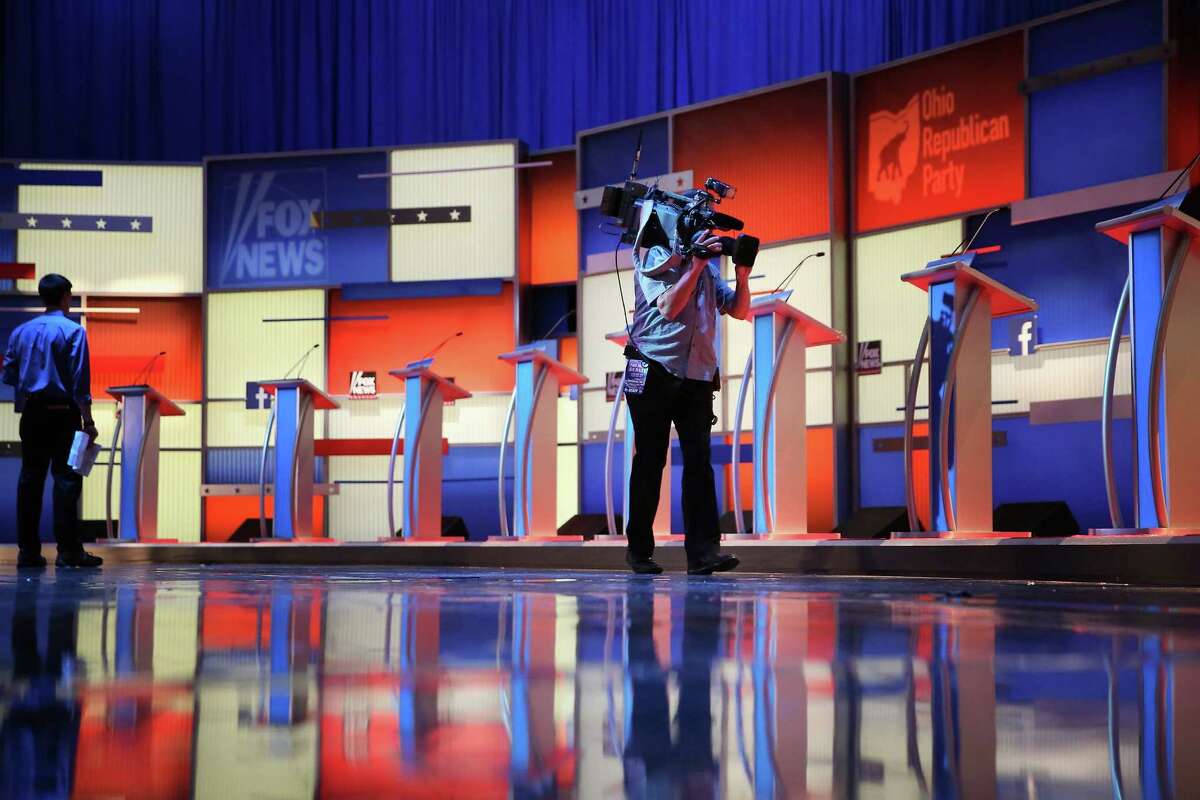 CLEVELAND, OH - AUGUST 06: The row of ten podiums for the Republican presidential debate is set on stage at The Quicken Loans Arena August 6, 2015 in Cleveland, Ohio. This is the first debate of the 2016 presidential campaign season. (Photo by Chip Somodevilla/Getty Images)