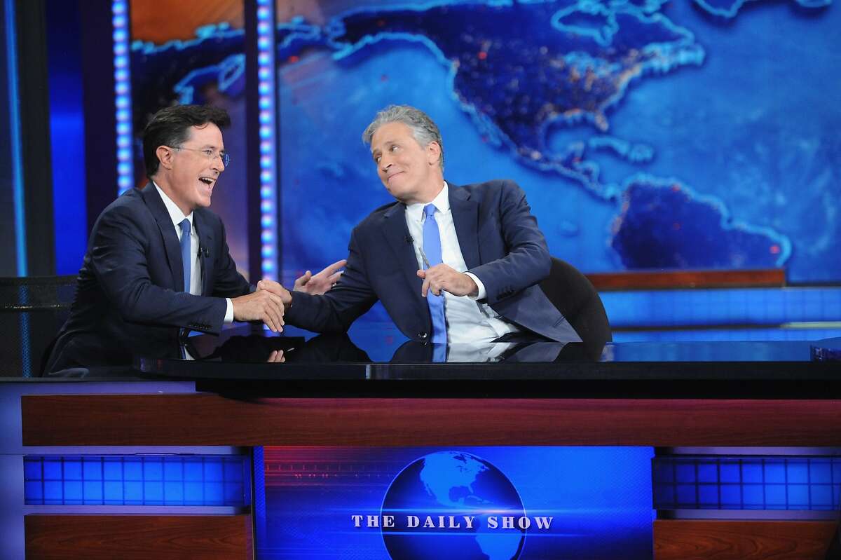 Stephen Colbert and Jon Stewart appear on "The Daily Show with Jon Stewart" #JonVoyage on August 6, 2015 in New York City.
