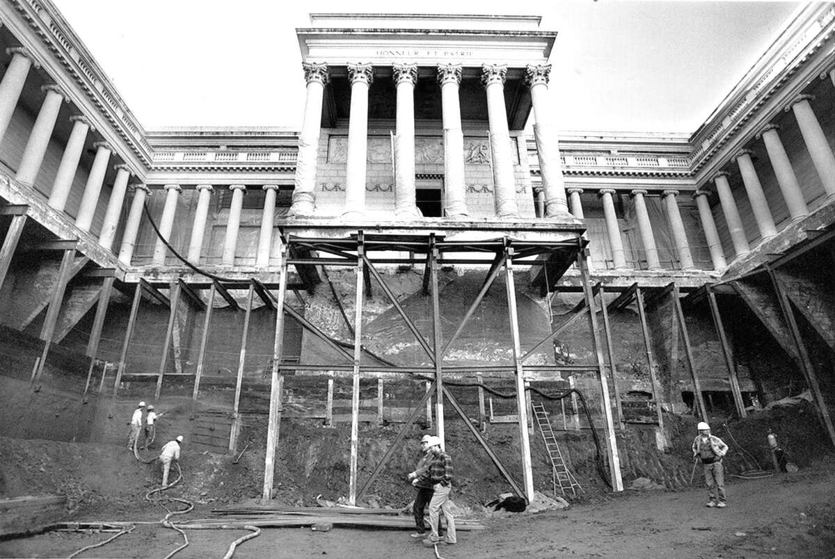 A crew from Hansell Phelps Construction works 60 feet below main entrance of the Palace of Legion of Honor museum. They are constructing two additional floors beneath the museum and doing seismic upgrades five years after the Loma Prieta earthquake.