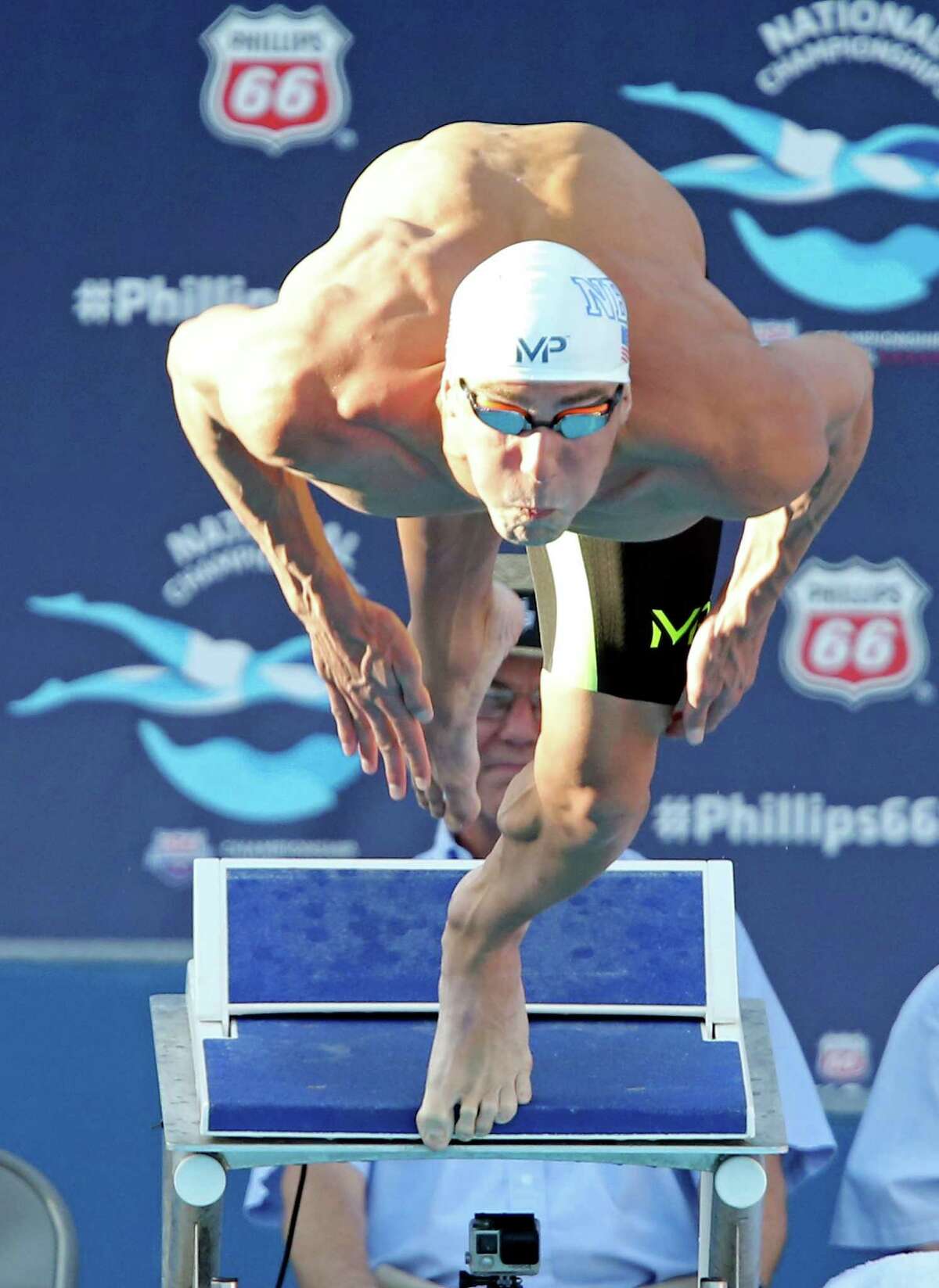 Michael Phelps starts the men's 200-meter butterfly during the 2015 Phillips 66 National Championships held Friday Aug. 7, 2015 at the Northside Swim Center. Phelps finished first with a time of 1:52.94.