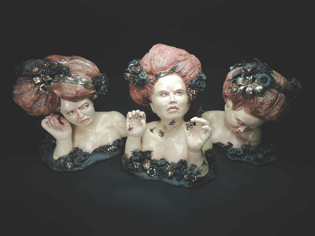 Bernadette Esperanza Torres' glazed porcelain sculpture "My Other Sisters, Hope, Faith, Charity" is on view in her first Texas show at the University of Houston-Clear Lake Art Gallery in "Blooming Dreams and Fading Memories."