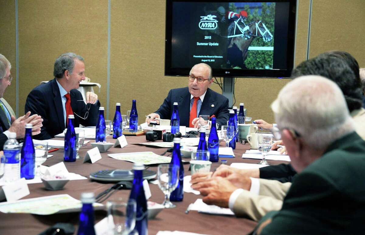 Vice Chairman Michael J. Del Giudice, center, chairs a NYRA board meeting at the Holiday Inn Wednesday August 12, 2015 in Saratoga Springs, NY. (John Carl D'Annibale / Times Union)