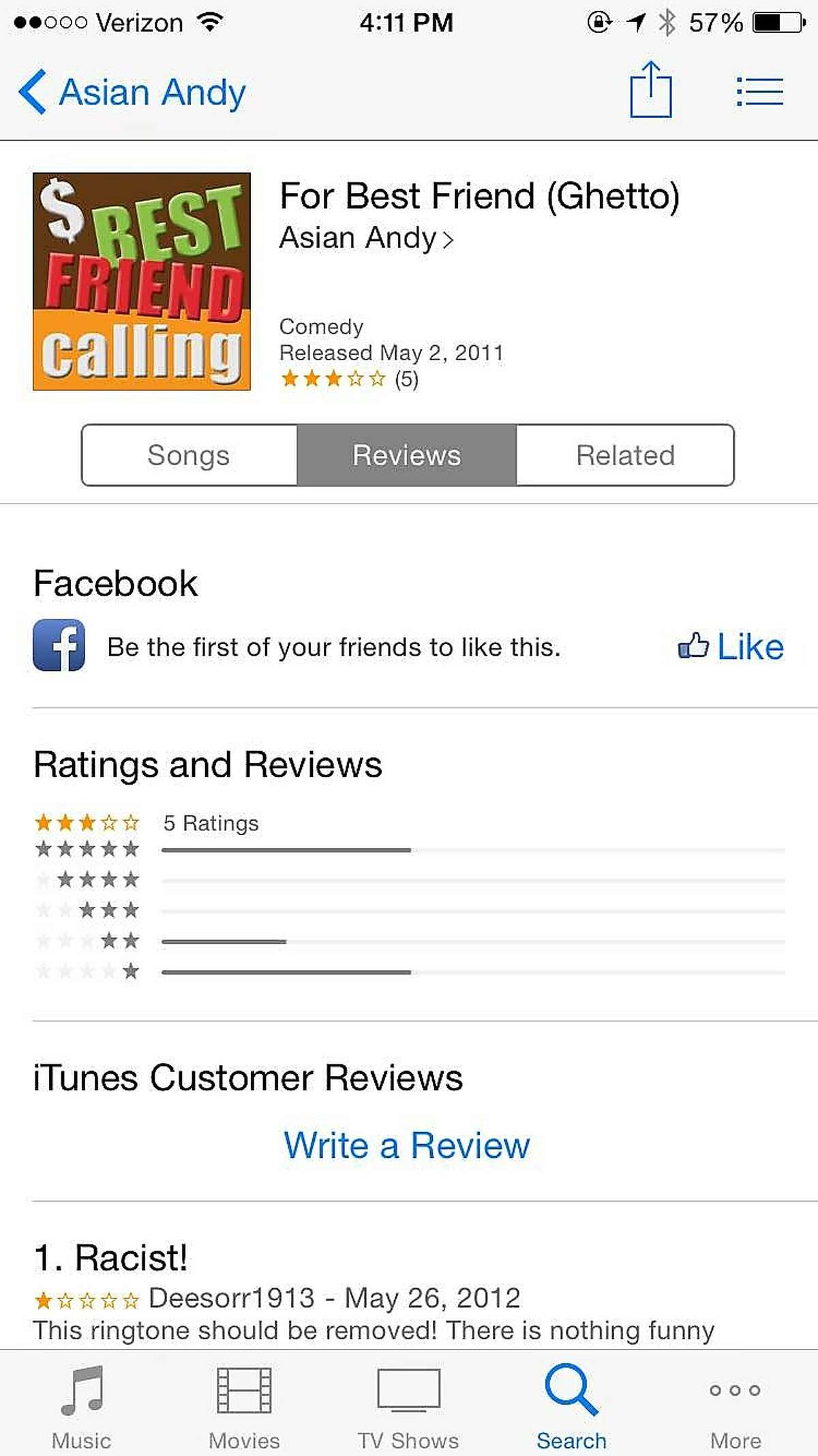 A screenshot of the ringtone, "For Best Friend (Ghetto)," which was available for purchase on iTunes since May 2, 2011. Apple's terms of use prohibit discriminatory ringtones, however many, like this, were allowed to exist unchecked for years. Apple removed dozens of offensive ringtones after a call from the San Francisco Chronicle this week.