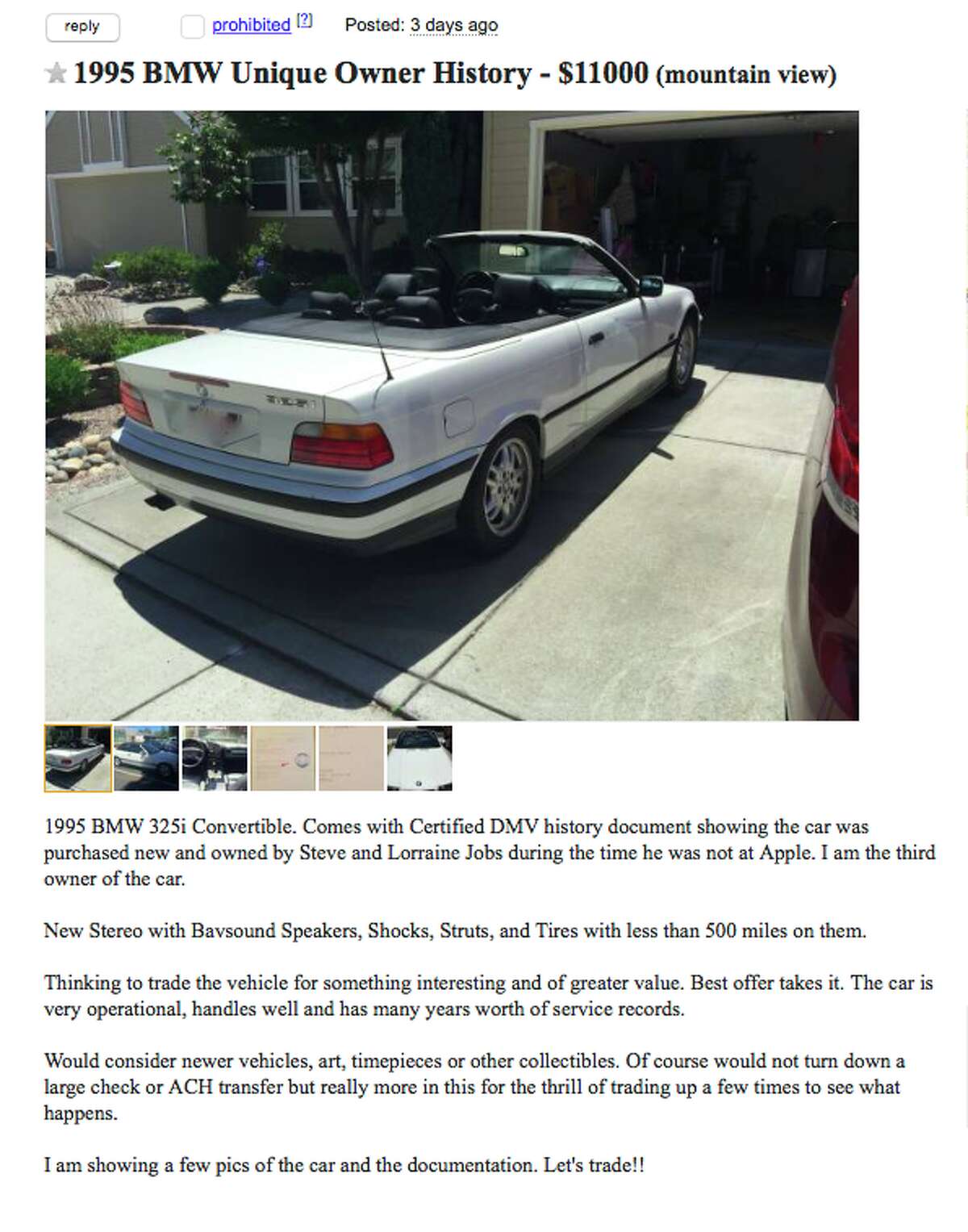 Craigslist ad selling Steve Jobs former BMW