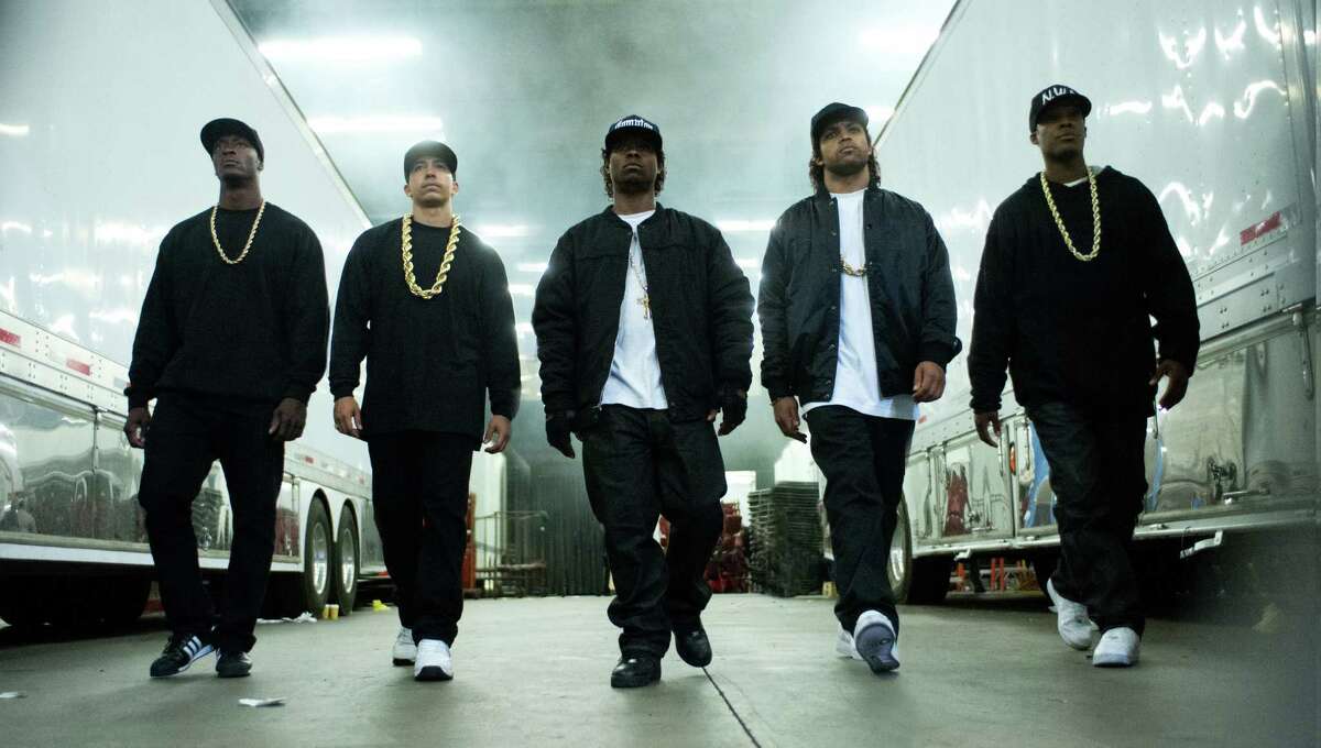 Aldis Hodge, from left, as MC Ren, Neil Brown Jr. as DJ Yella, Jason Mitchell as Eazy-E, O'Shea Jackson Jr. as Ice Cube and Corey Hawkins as Dr. Dre star in N.W.A biopic "Straight Outta Compton."