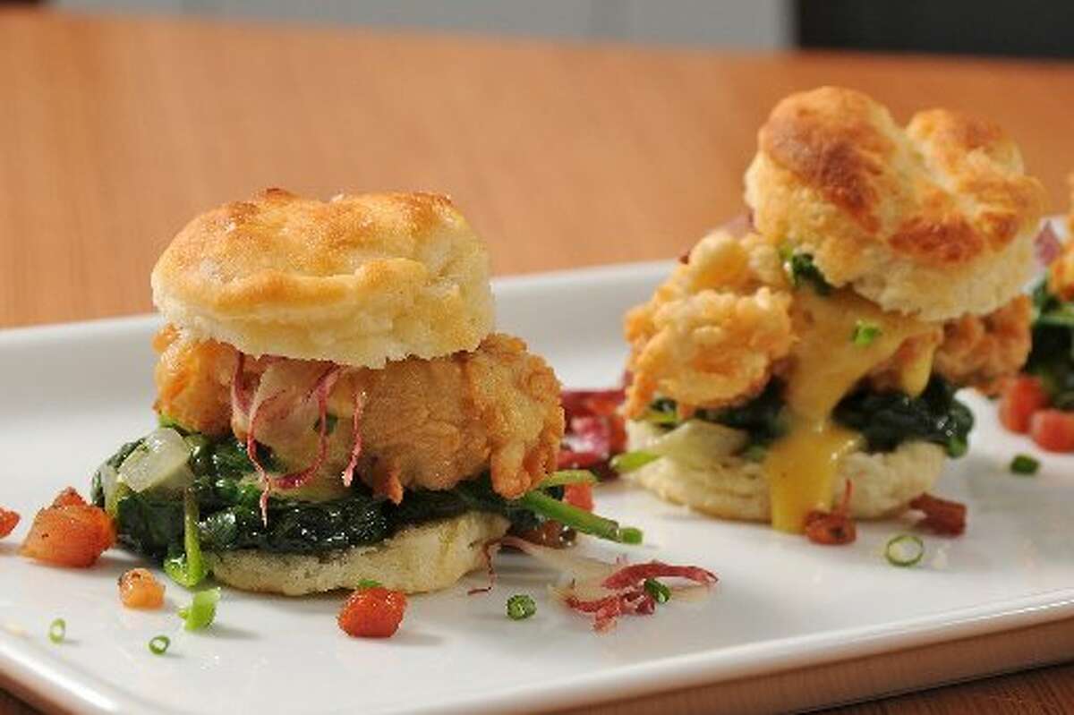 Bliss, 926 S. Presa St., foodisbliss.com, is serving a starter of chicken fried oyster sliders with spinach, applewood bacon, buttermilk biscuit and brown butter hollandaise.