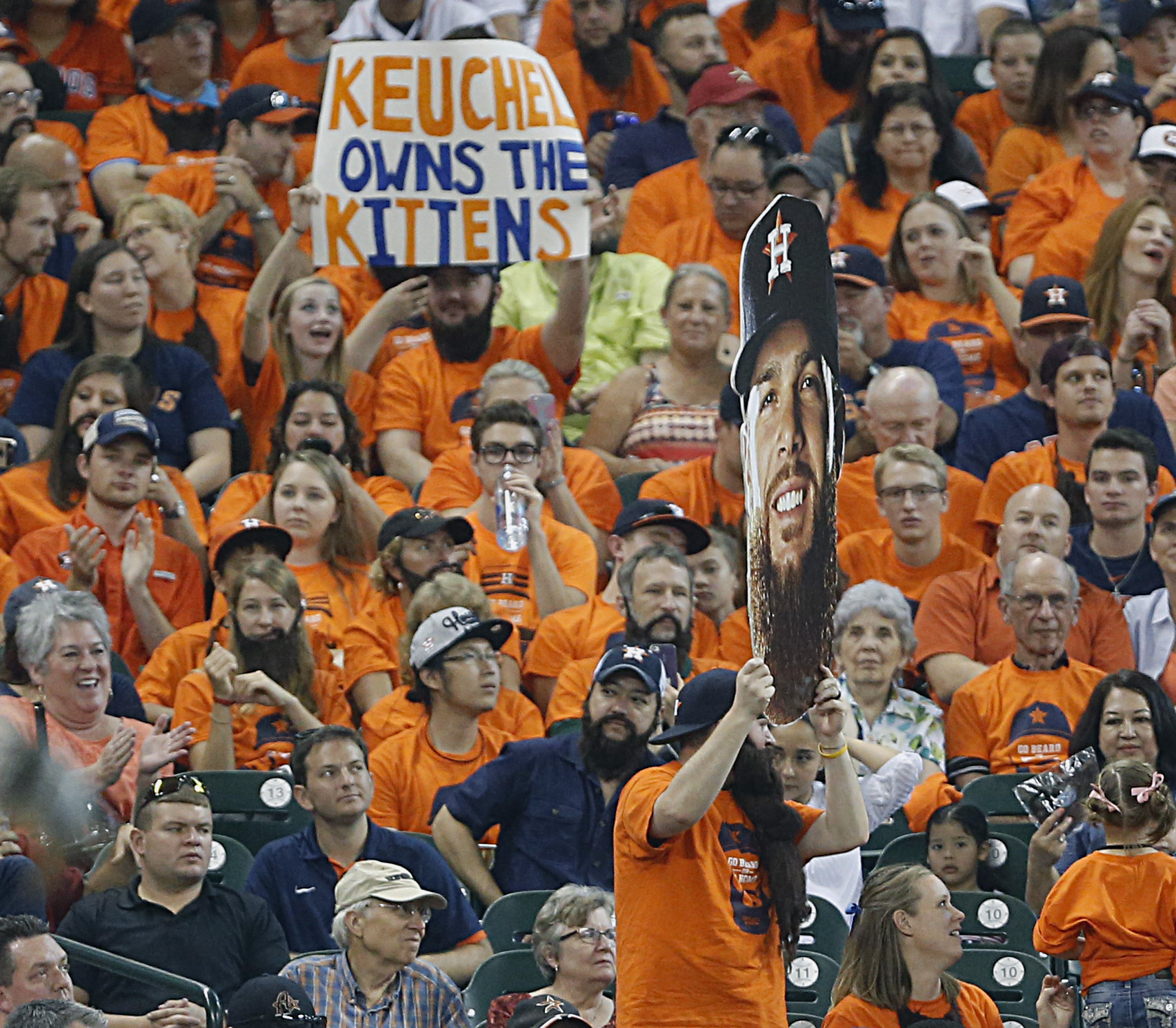 LAA@HOU: Female fan sports fake Dallas Keuchel beard 