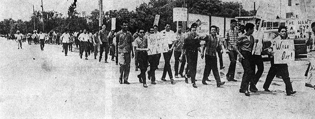 1. Edgewood and Lanier High School student walk outs. (1968)  About 400 students marched on 34th Street from Edgewood High School to the district’s main office on May 16, 1968, seen in this photo that appeared in the Express-News the next morning. It was the most dramatic of several local efforts that spring to change public expectations for Mexican-American students — and improve the curriculum, resources and facilities that went along with those expectations. Plans for a similar walkout at Lanier High School were shelved weeks earlier when a series of community meetings brought concessions.