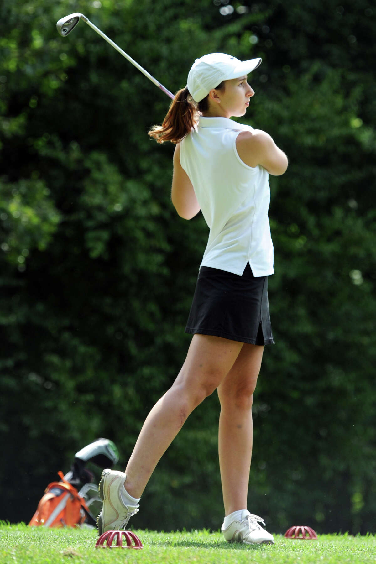 Devyn Howe, of Danbury, watches her drive during the Fran McCarthy Junior Golf Tournament at the Richter Park Golf Course, in Danbury, Conn. Aug. 18, 2014. Howe is scheduled to compete in this year's event, scheduled for Monday.