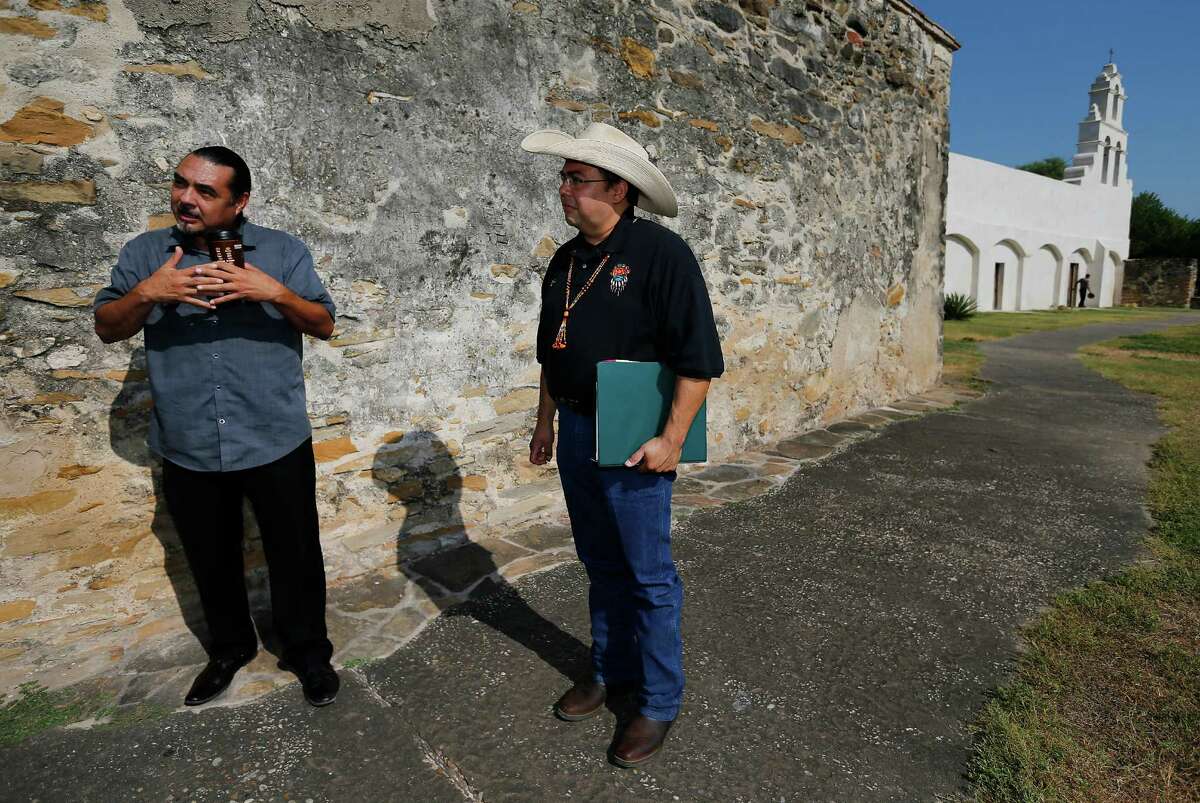 Ramón Vásquez (left) and Jesús José Reyes Jr. are with the American Indians in Texas at the Spanish Colonial Missions.