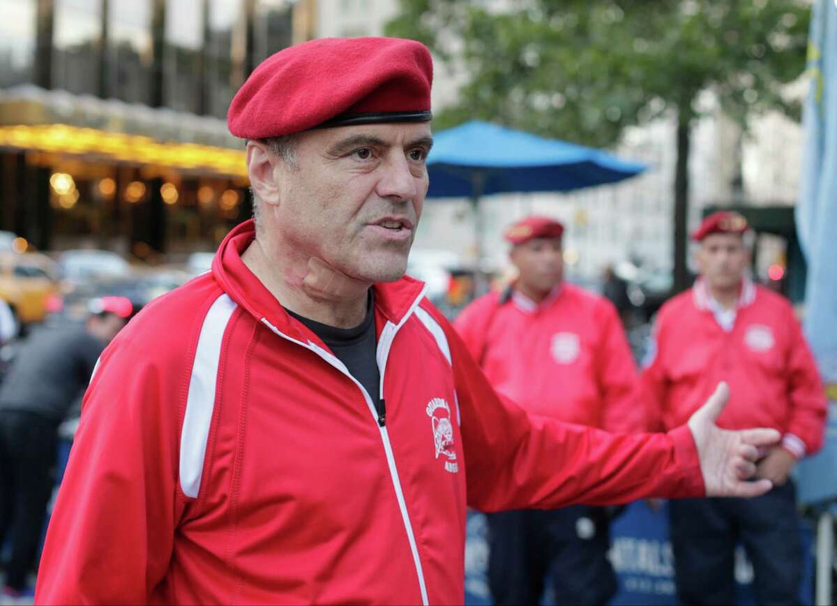 Guardian Angels founder Curtis Sliwa responds to questions during a news interview Wednesday, Aug. 12, 2015, in New York. Guardian Angels volunteers made a return this month to Central Park for the first time in over two decades, citing a 26 percent rise in crime there so far this year. (AP Photo/Frank Franklin II) ORG XMIT: NYFF102