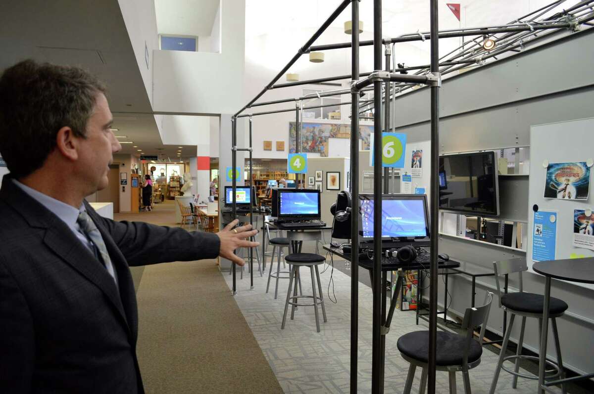 During a recent tour of the Westport Library, William Harmer, the new executive director, said this new collaborative technology work area is one of his favorite parts of the library.